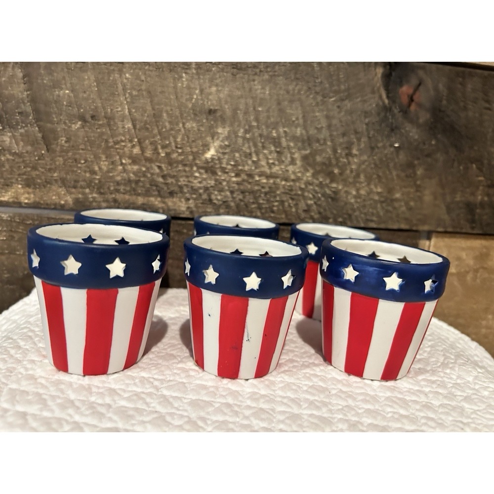 Set Of 6 ceramic Tea Light star-spangled banner candle holders Unglazed NEW